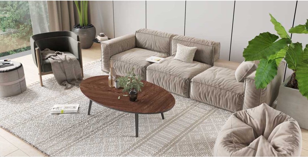 An interior visualization of a living room seating area with a gray sofa bed and a matching lazy bag, and a brown rounded coffee table.